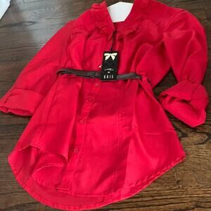 Red blouse Adjustable Long Sleeve Ruffle neckline W/ brown belt - NEW